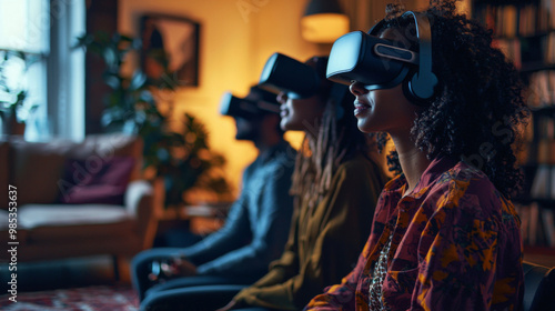 Three people are sitting in a living room, wearing virtual reality headsets