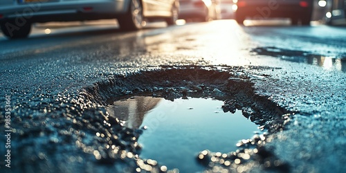 A pothole on the asphalt of an urban street, with cars passing in the background