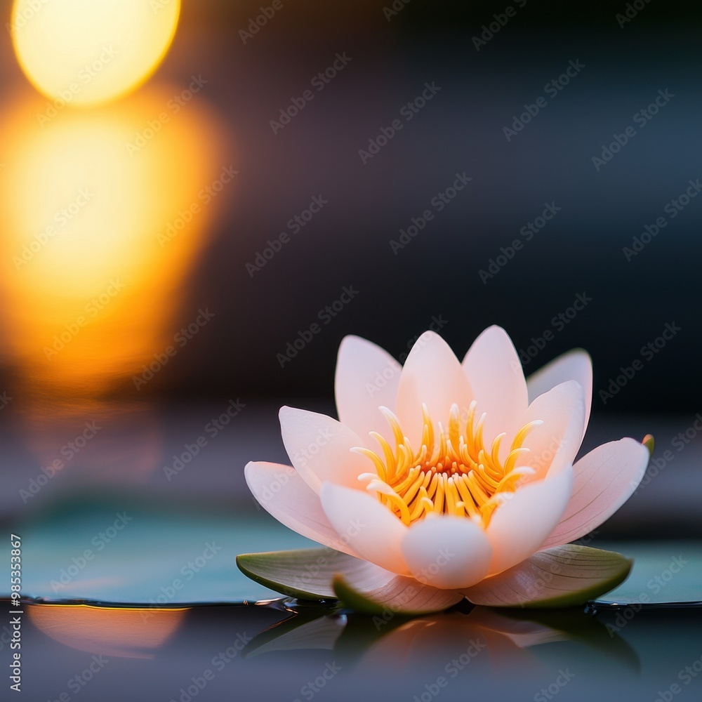 A serene pink lotus flower blooming on water, illuminated by a gentle sunset glow in the background. A serene pink lotus flower blooming on water, illuminated by a gentle sunset glow in the background.