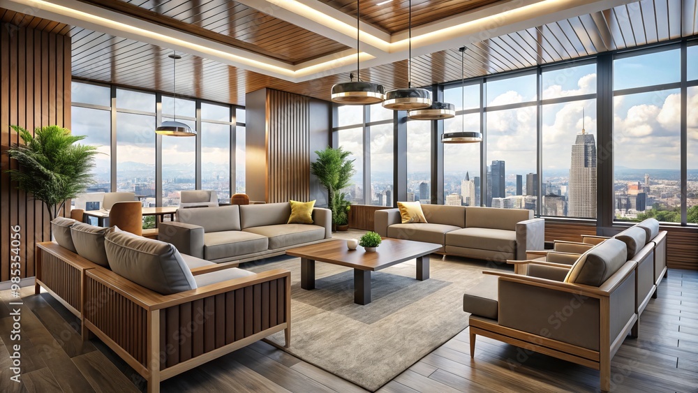 Designer reception room with plush seating, natural wood tones, and floor-to-ceiling windows framing the urban Designer reception room with plush seating, natural wood tones, and floor-to-ceiling windows framing the urban