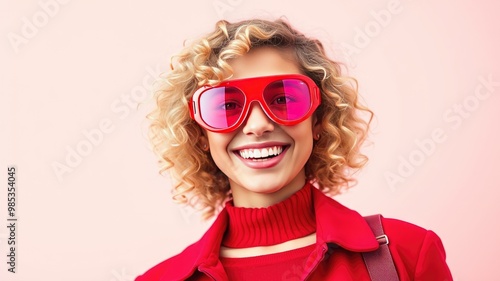 Happy Young Woman, a portrait of a woman wearing sunglasses, Fashionable Woman in Pink Glasses, curly hair images 