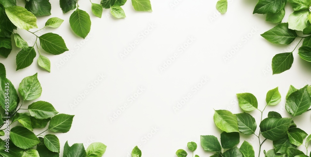 Green leaves arranged in a frame on a white background. Green leaves arranged in a frame on a white background.