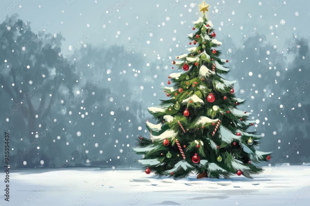 Decorated fir tree under snowflakes at night. Green tree with red, silver ornaments, surrounded by snowflakes, on beautiful winter evening background. Suitable as wallpaper, holiday decoration, Decorated fir tree under snowflakes at night. Green tree with red, silver ornaments, surrounded by snowflakes, on beautiful winter evening background. Suitable as wallpaper, holiday decoration,
