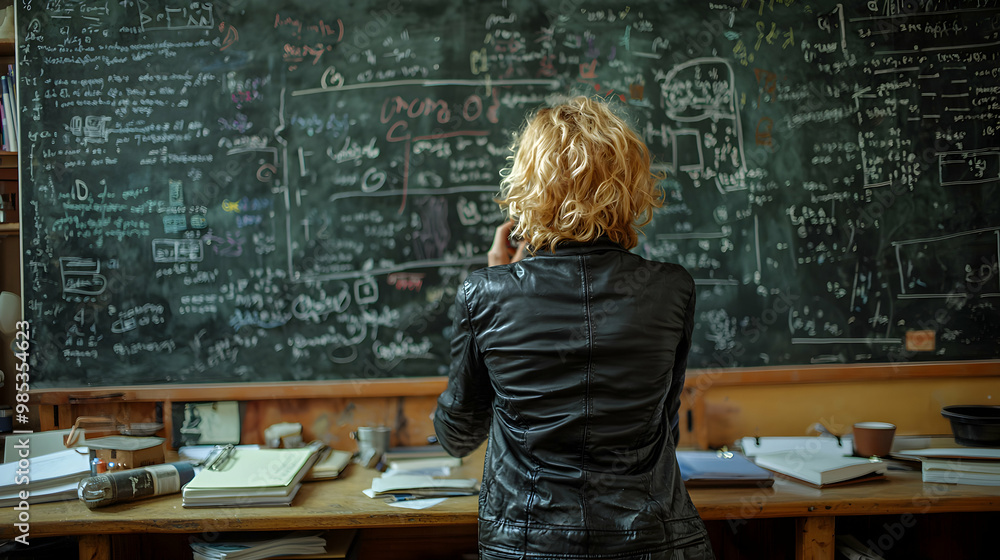 A teacher writing complex formulas on a chalkboard, their movements deliberate and focused, with neatly arranged desks and students’ books in the foreground A teacher writing complex formulas on a chalkboard, their movements deliberate and focused, with neatly arranged desks and students’ books in the foreground