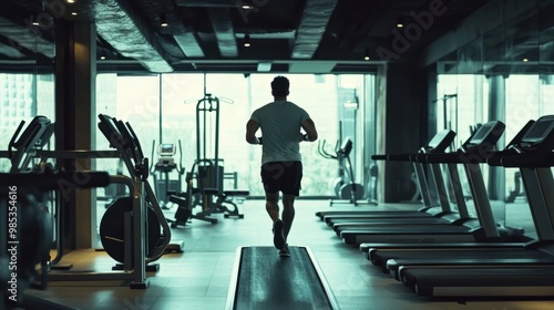 A man running on a treadmill at a modern gym, focused on his workout, surrounded by training equipment.