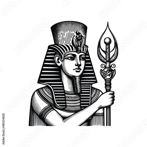 Hand drawn illustration of Ancient Egyptian god Osiris, black and white vector illustration