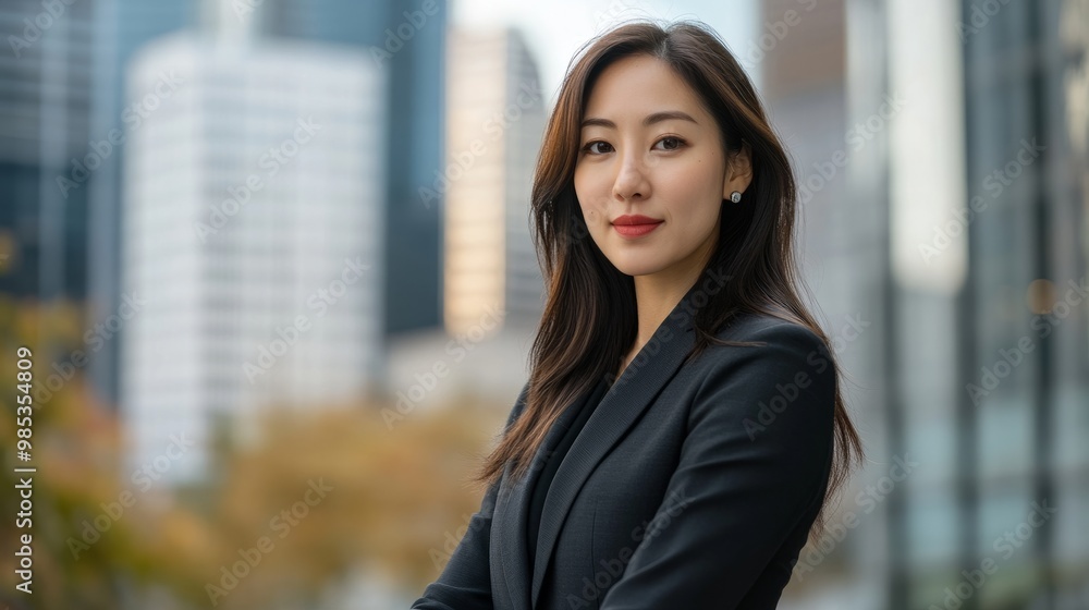 Asian businesswoman in a crisp suit, outdoors with a blurred city skyline of office buildings in the background.