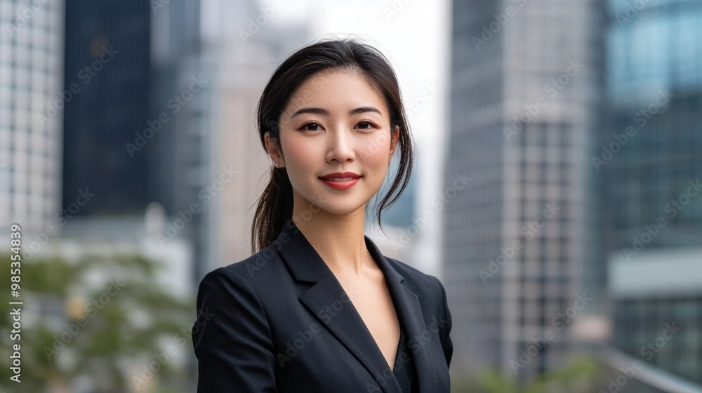 Asian businesswoman in a crisp suit, outdoors with a blurred city skyline of office buildings in the background. Asian businesswoman in a crisp suit, outdoors with a blurred city skyline of office buildings in the background.