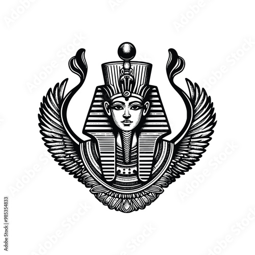 Hand drawn illustration of Ancient Egyptian god Osiris, black and white vector illustration