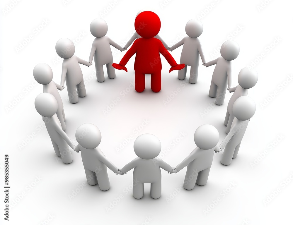 A group of white figures standing in a circle holding hands around a red figure in the center. A group of white figures standing in a circle holding hands around a red figure in the center.