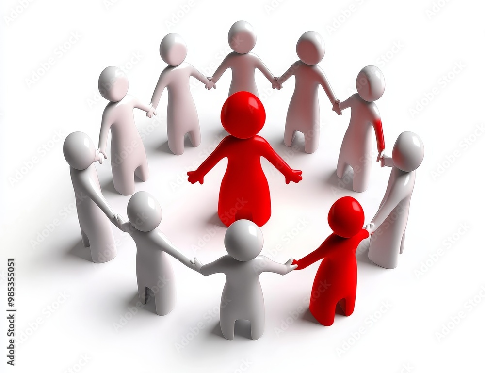 White figures in a circle with a red figure in the middle. White figures in a circle with a red figure in the middle.