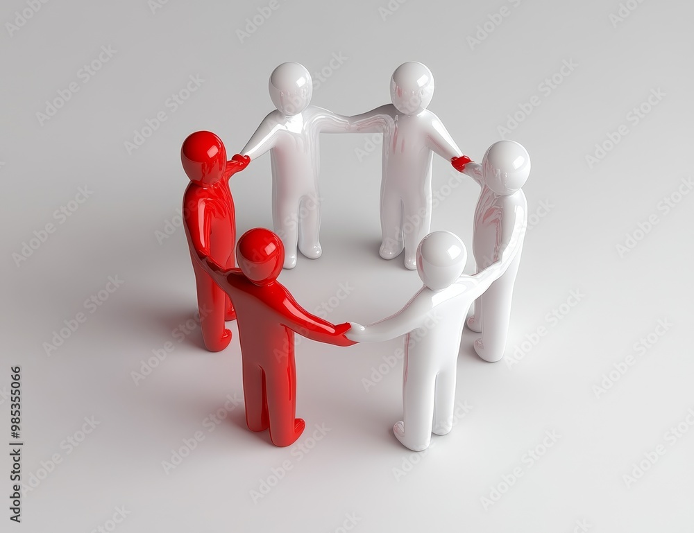 Red and white figures in a circle, holding hands, against a white background. Red and white figures in a circle, holding hands, against a white background.