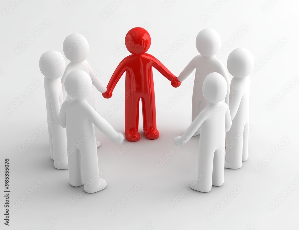 Red figure standing in a circle of white figures. Red figure standing in a circle of white figures.
