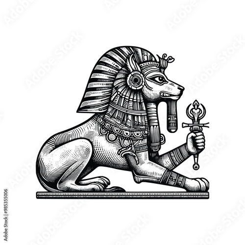Hand drawn illustration of Sobek, ancient egyptian god, black and white vector illustration
