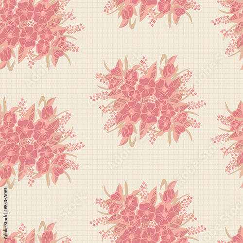 Wild Roses in Bouquets in Peach Colors Scattered on a Textured Creme Background creating a seamless pattern print background