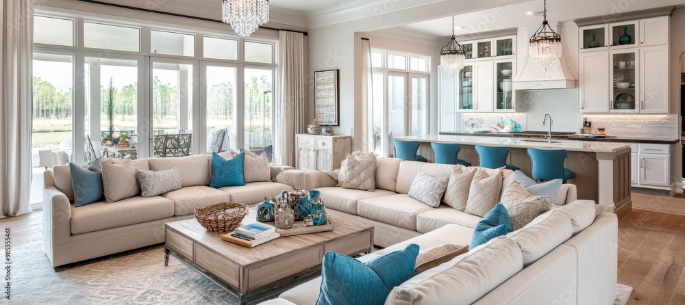 White sectional sofa with blue pillows in living room with an open kitchen and white cabinets in the background. White sectional sofa with blue pillows in living room with an open kitchen and white cabinets in the background.