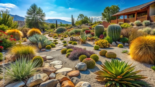 Dry earth landscape design utilizing succulent plants, weathered stones, and sustainable irrigation techniques, perfect