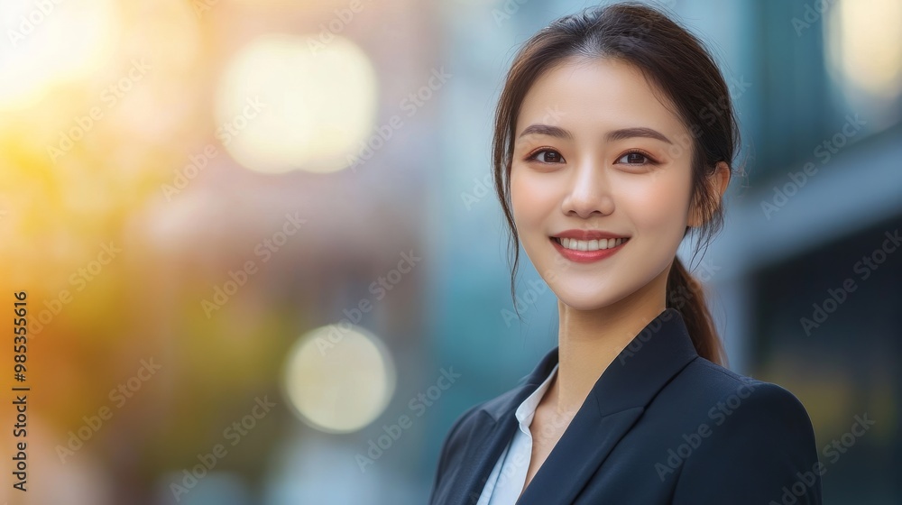 Confident Asian woman in a formal suit, smiling while standing in front of a large, blurred business center. Confident Asian woman in a formal suit, smiling while standing in front of a large, blurred business center.