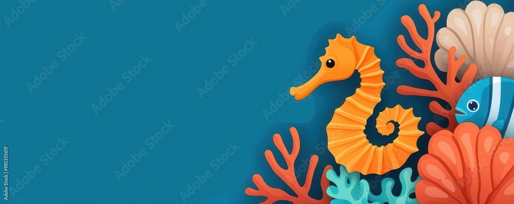 Seahorses and clownfish in coral reef scene, ocean background, flat design illustration Seahorses and clownfish in coral reef scene, ocean background, flat design illustration