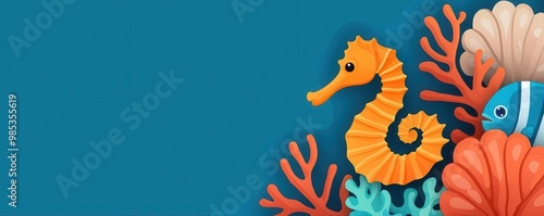 Seahorses and clownfish in coral reef scene, ocean background, flat design illustration photo