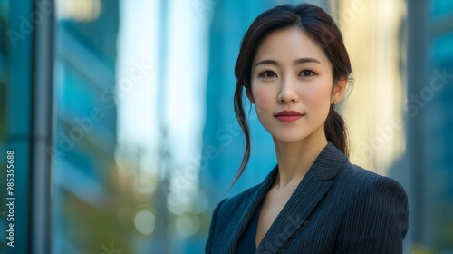 Confident Asian woman in a tailored suit outdoors, with a corporate building in the background slightly blurred.