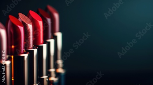 Row of black tubes of lipstick aligned against a dark background with dramatic lighting AI generated