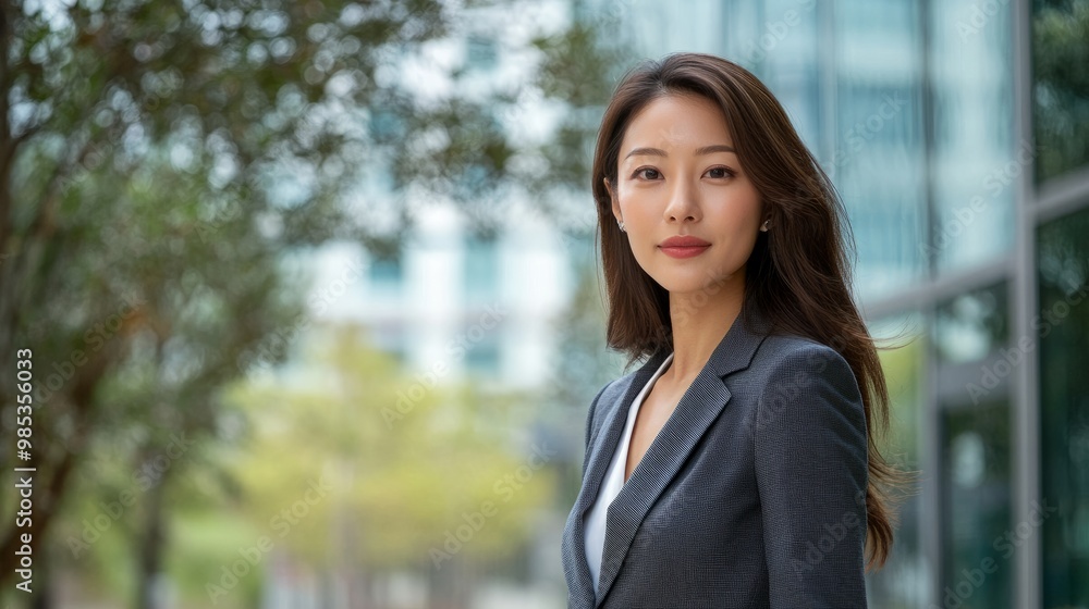 Elegant portrait of an Asian woman in a fitted suit outdoors with a modern glass office building as backdrop. Elegant portrait of an Asian woman in a fitted suit outdoors with a modern glass office building as backdrop.