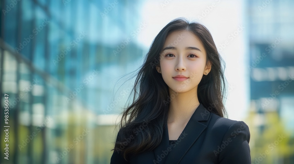 Elegant portrait of an Asian woman in a fitted suit outdoors with a modern glass office building as backdrop.
