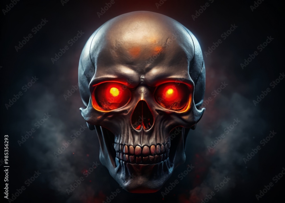 Eerie black skull confronts with glowing red eyes, radiating an aura of death and peril in the dark, Eerie black skull confronts with glowing red eyes, radiating an aura of death and peril in the dark,