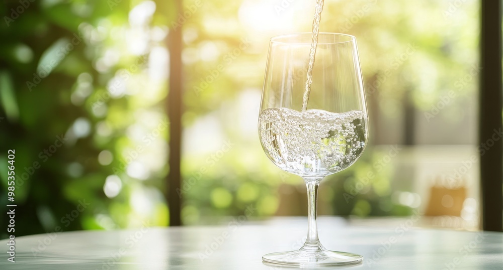 Water being poured into a wine glass on a table with a blurred background of green leaves. Water being poured into a wine glass on a table with a blurred background of green leaves.