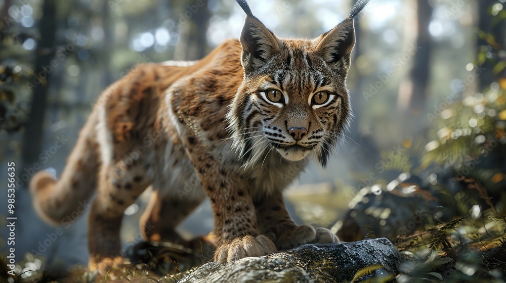 Fototapeta premium Majestic Lynx in the Forest: Close-up Portrait of a Wild Cat