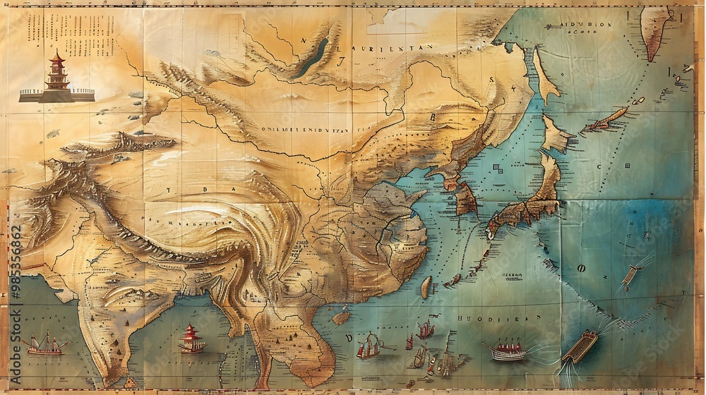 Obraz premium Detailed map of the Silk Road showing ancient trade routes key cities and cultural landmarks
