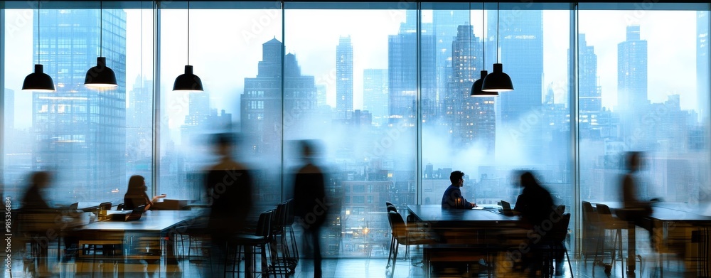 Silhouettes of people working in an office with a view of a city skyline. Silhouettes of people working in an office with a view of a city skyline.