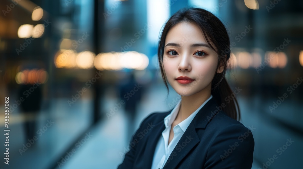 Focused Asian woman in a suit, standing confidently with a modern business plaza blurred behind her. Focused Asian woman in a suit, standing confidently with a modern business plaza blurred behind her.