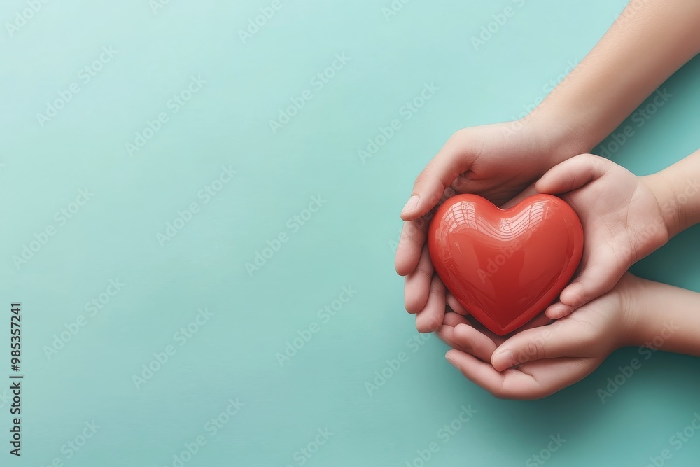 Hands holding a red heart on a light blue background. Hands holding a red heart on a light blue background.