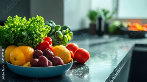 Close-up of fresh fruits and vegetables on a kitchen countertop