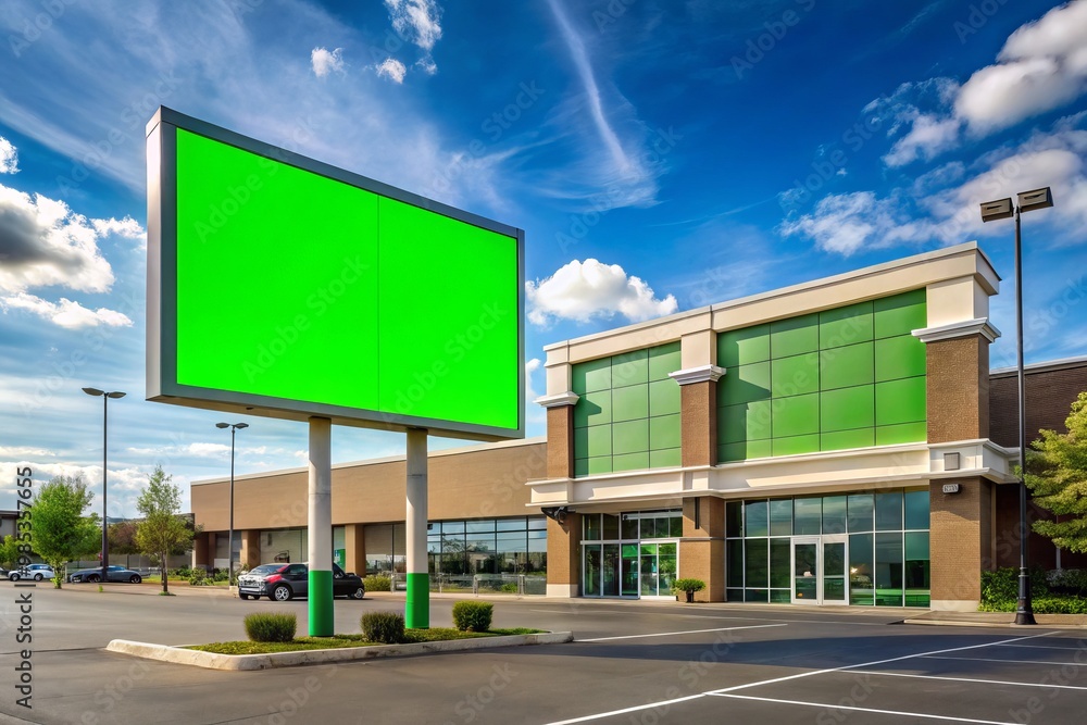 Electronics store with a bright green sign and plenty of parking in a bustling shopping center, always stocked Electronics store with a bright green sign and plenty of parking in a bustling shopping center, always stocked