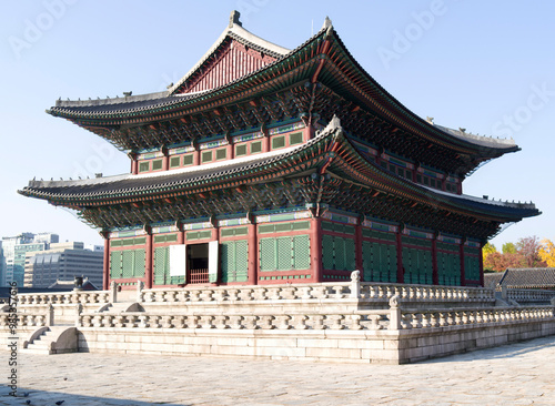 Jongno-gu, Seoul, South Korea - November 20, 2012: Side and back view of Geunjeongjeon Hall(National treasure No 223) at Gyeongbokgung Palace