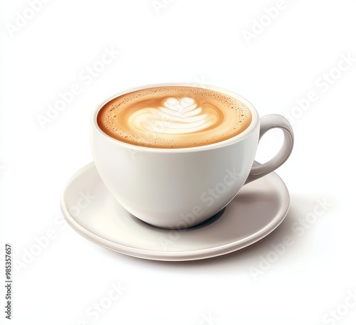 A cup of cappuccino with a leaf design in the foam sits on a white saucer on a white background.