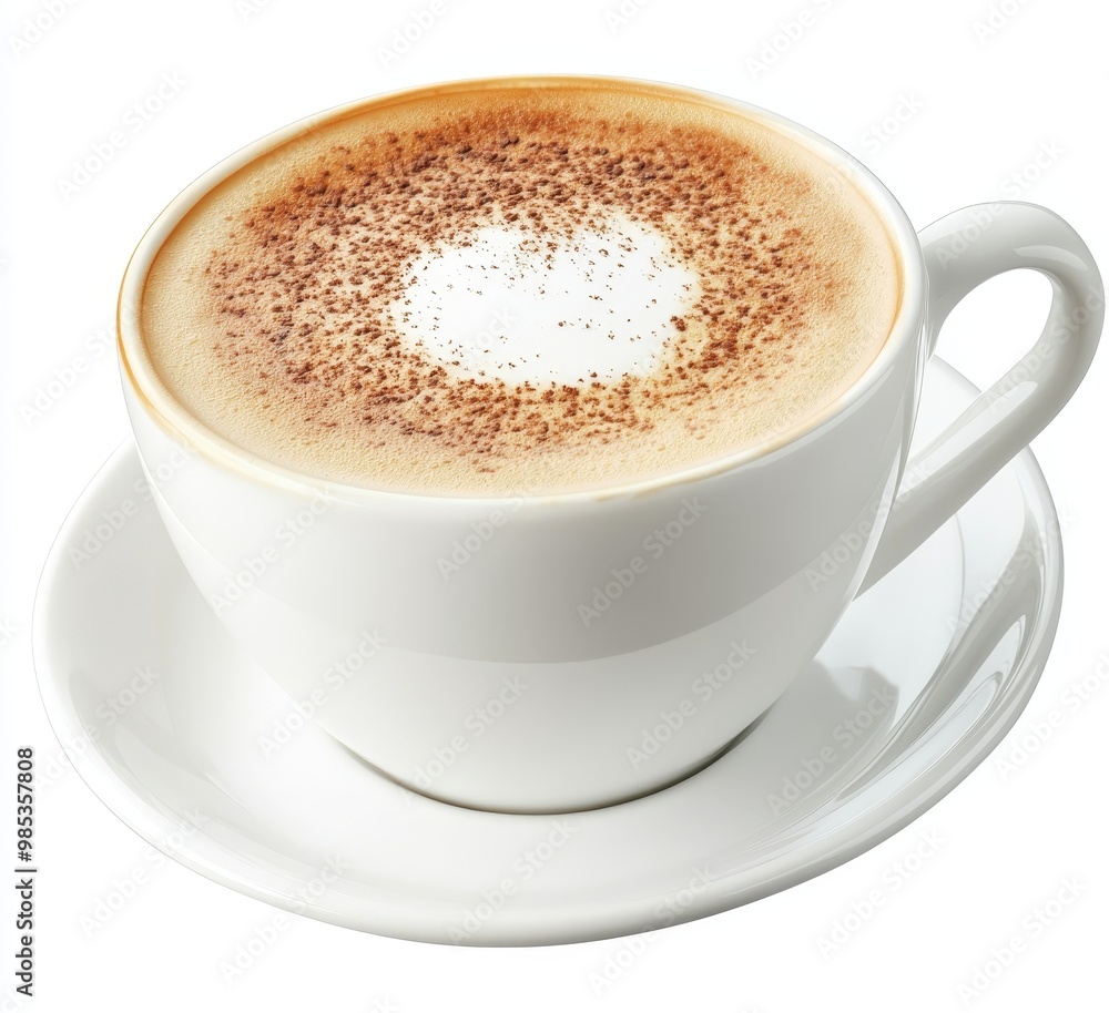 Top view of cappuccino in white cup and saucer. Top view of cappuccino in white cup and saucer.
