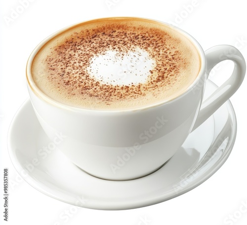 Top view of cappuccino in white cup and saucer.