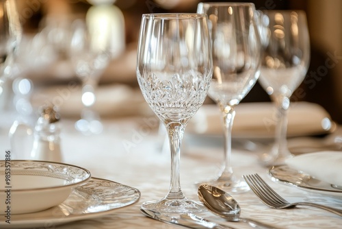 A close-up view of a crystal wine glass and a silver spoon on a white tablecloth with a shallow depth of field.