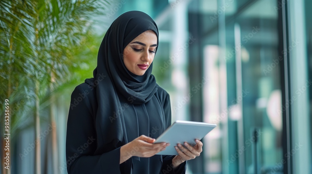 Middle Eastern businesswoman using a digital tablet, reviewing a business plan while standing in a modern office. Middle Eastern businesswoman using a digital tablet, reviewing a business plan while standing in a modern office.