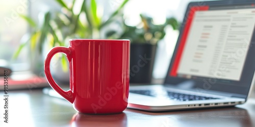 A red coffee mug sits on a desk with a laptop displaying a website design photo