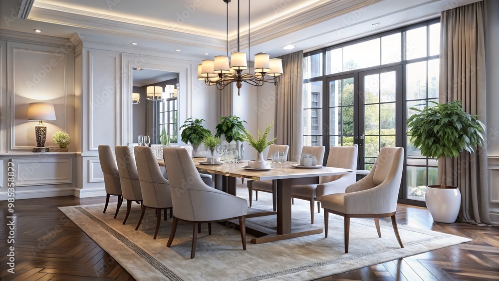 Elegant dining room table with white tablecloth and chairs is centered in a spacious and well-lit room, illuminated Elegant dining room table with white tablecloth and chairs is centered in a spacious and well-lit room, illuminated