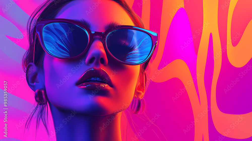 A beautiful high fashion lady with cool sunglasses in front of a crazy multicolored abstract background, generative ai. High Fashion. Illustration A beautiful high fashion lady with cool sunglasses in front of a crazy multicolored abstract background, generative ai. High Fashion. Illustration