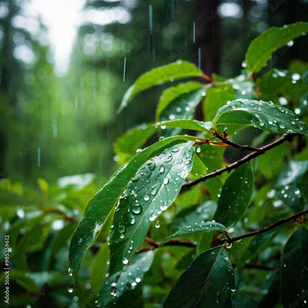 A forest during a gentle rain with droplets glistening on the leaves A forest during a gentle rain with droplets glistening on the leaves