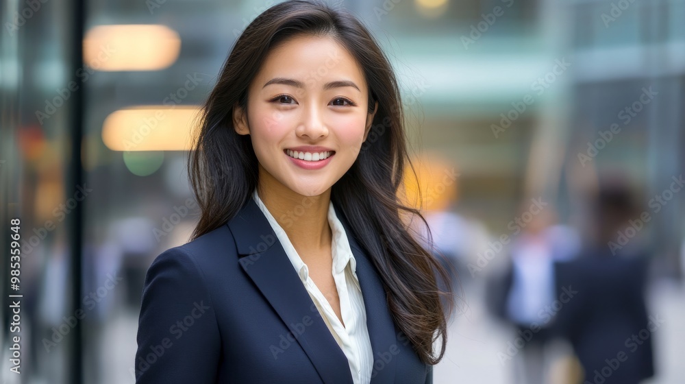 Stylish Asian woman in a suit jacket outdoors, smiling in front of a bustling urban business center Stylish Asian woman in a suit jacket outdoors, smiling in front of a bustling urban business center