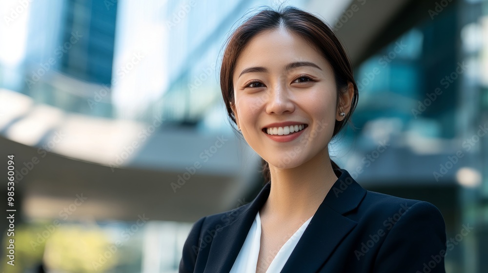 Young Asian woman in formal businesswear, smiling while standing in front of a modern corporate building. Young Asian woman in formal businesswear, smiling while standing in front of a modern corporate building.