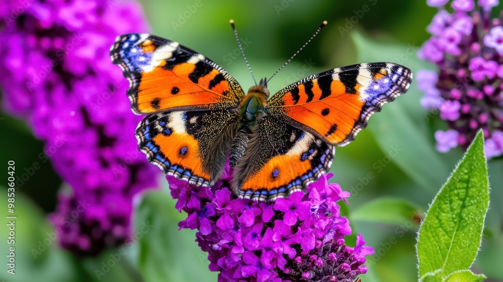 A vibrant butterfly perched on a purple flower, showcasing intricate patterns and colors in a beautiful natural setting. A vibrant butterfly perched on a purple flower, showcasing intricate patterns and colors in a beautiful natural setting.